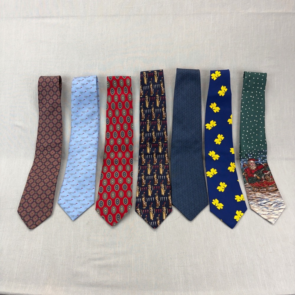 Mixed Lot 7 Silk Neckties Mens XL Assorted Golf Holiday Michigan Multicolor